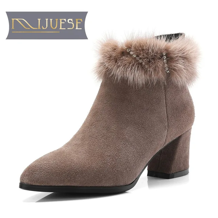 

MLJUESE 2018 women ankle boots Cow Suede Khaki color pointed toe zippers winter warm short plush women boots Chelsea boots