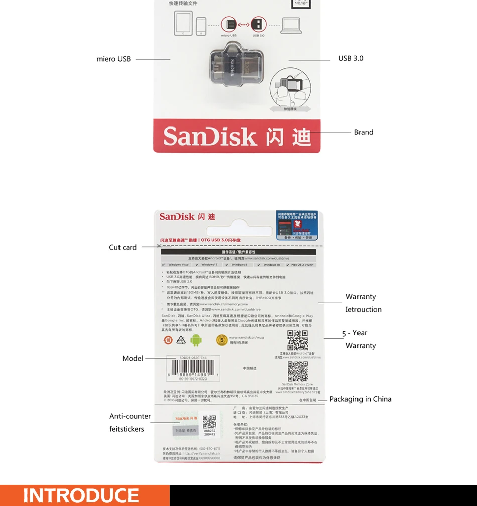 SanDisk OTG USB3.0 16 ГБ 32 ГБ 64 Гб 128 ГБ xtreme высокоскоростной двойной OTG USB флеш-накопитель флешки 150 м/с