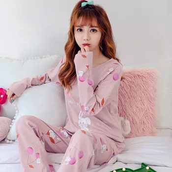 

[Lakysilk] 2019 Spring Cotton O-Neck Pajama Sets Women Pink Cherry Rabbit Print Female Sleepwear Girls Casual Loose Tops Pants