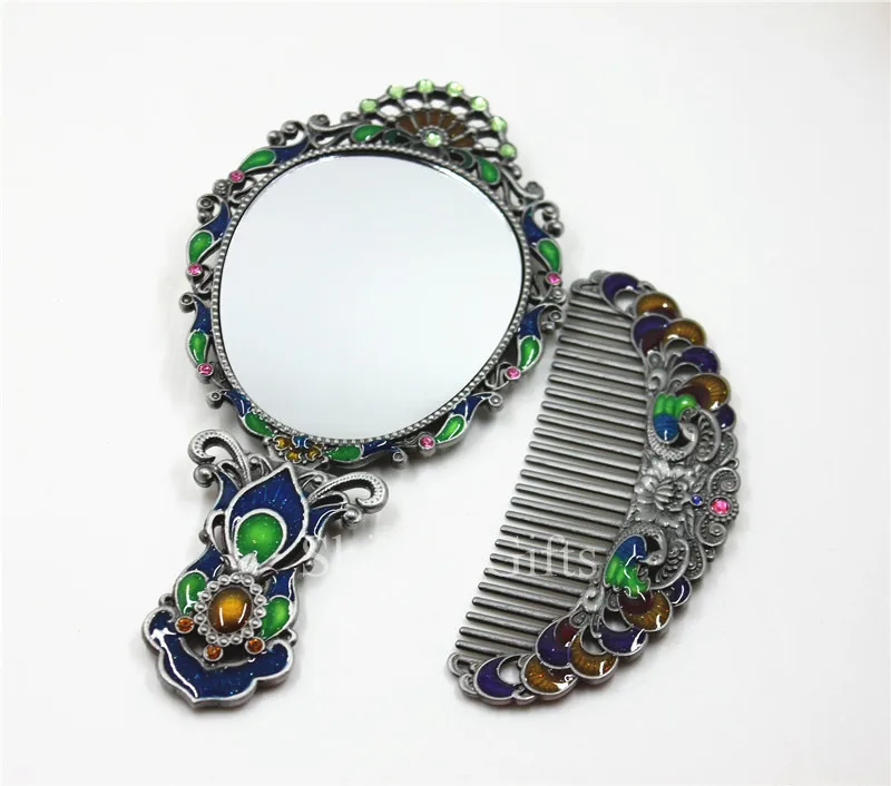 Свадебное сувенирное складное эмалированное металлическое зеркало с ручкой павлина и расческа
