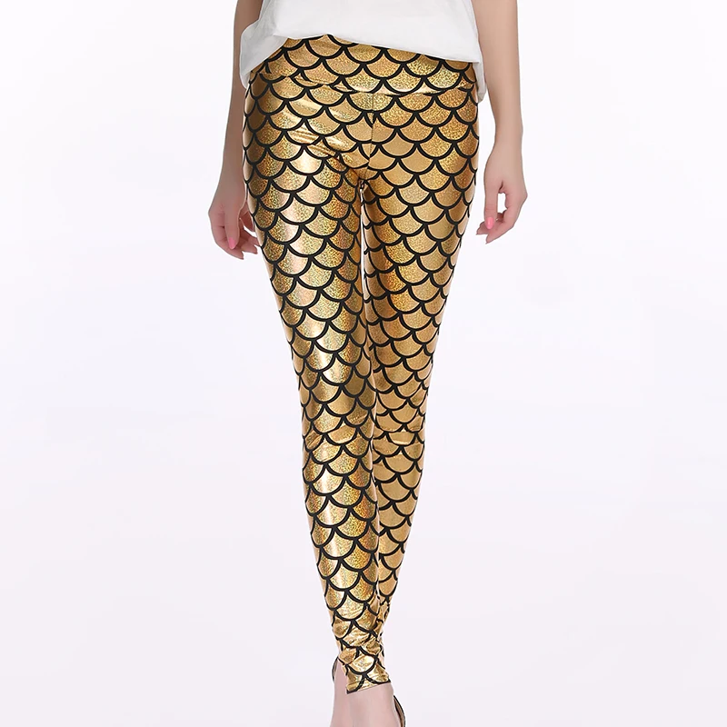 Women leggings fish scale pattern leggings gold polainas colors high