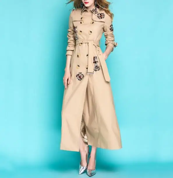 

S-4XL 2019 New Year Long Trench Coat Women's Turn Down Collar Diamond Wind Coat Office Lady Europe Style Belt Outwear Overcoats