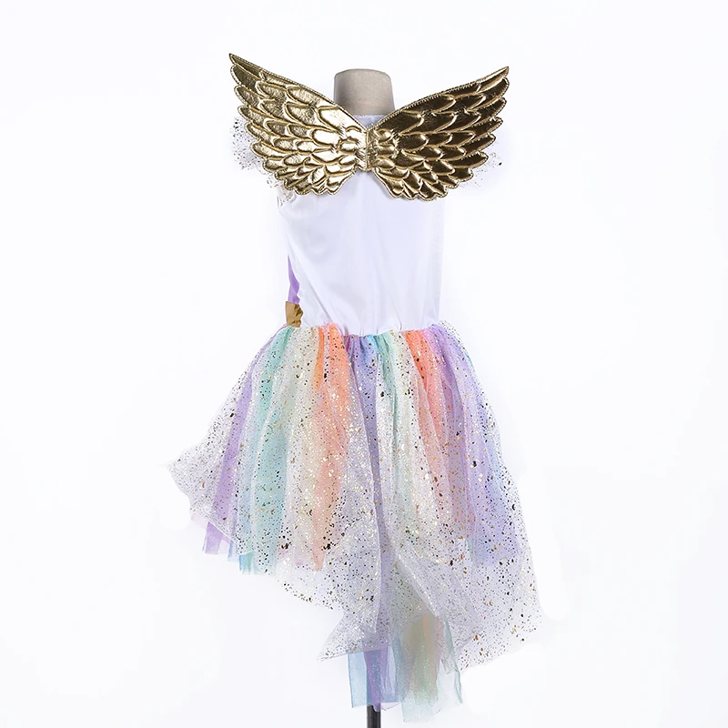 Girls Christmas Unicorn Costume With Headband Gold Wings for Kids Pony Rainbow Tutu Dress Children Halloween Theme Party Dress