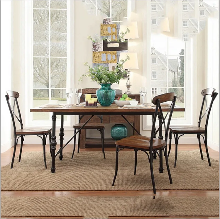 Factory direct American vintage wood dining tables and chairs iron