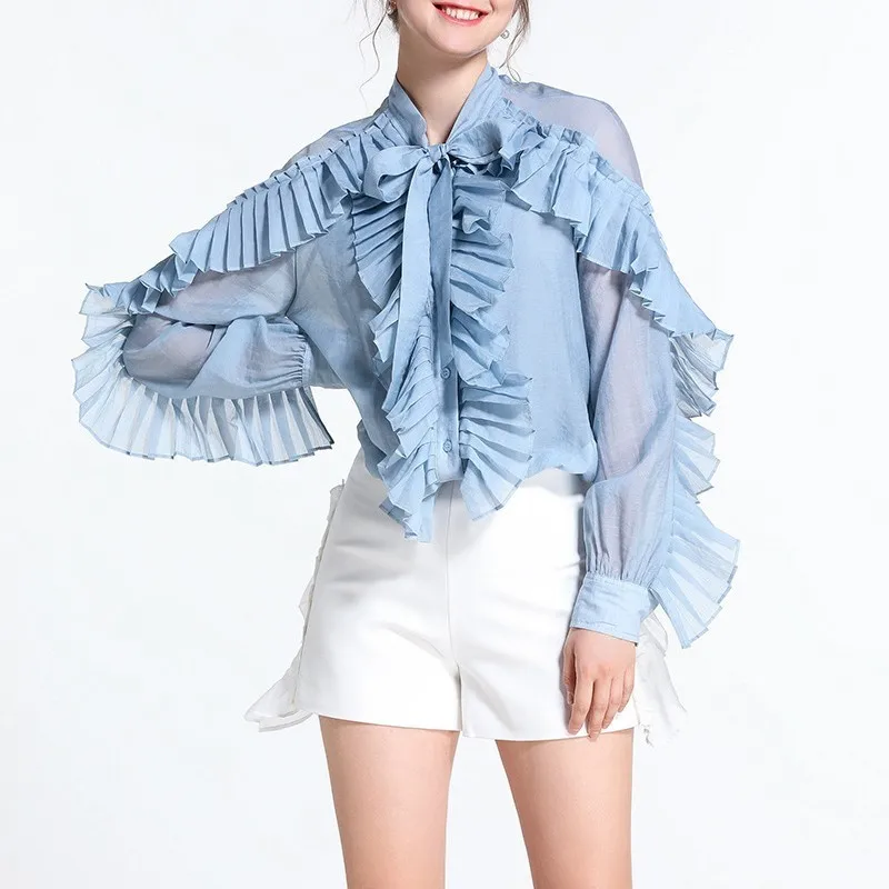 GALCAUR عارضة منظور بلوزة للنساء Bowknot طوق كم طويل مطوي الكشكشة قميص الإناث الأزياء 2019 الصيف جديد