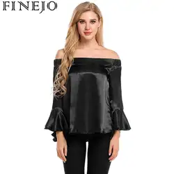 FINEJO блузка с открытыми плечами Flare рукавом Твердые Атлас свободный крой Для женщин