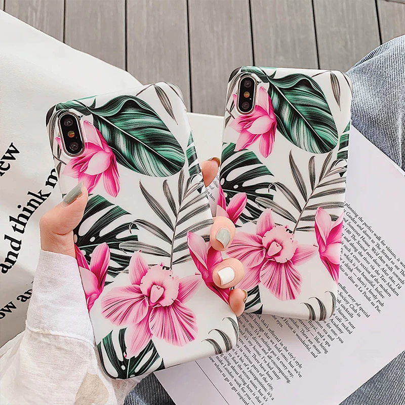 

Hot Art Flowers & Banana Leaf Phone Case For iPhone 11 Pro Max XR XS Max 6 6S 7 8 Plus X Luxury Soft IMD Phone Back Cover Cases