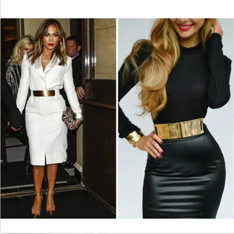 

Women Cummerbund Girl Metal Golden Mirror Plate Thin Belt with Chains Wide Dress Waistband Band Belt