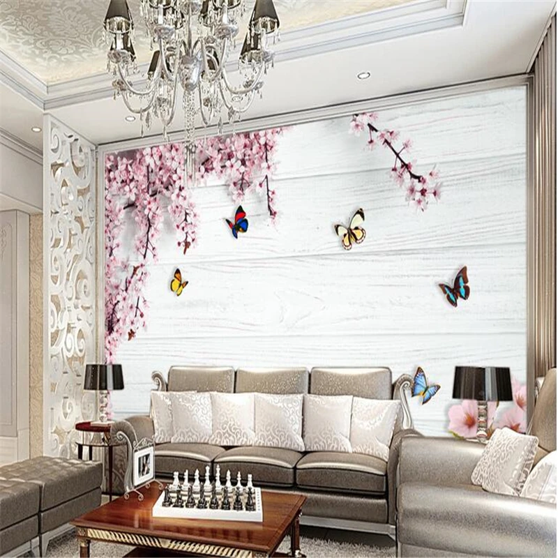 Custom photo wallpaper mural wall stickers romantic cherry butterfly wood board 3d background wall painting papel de parede