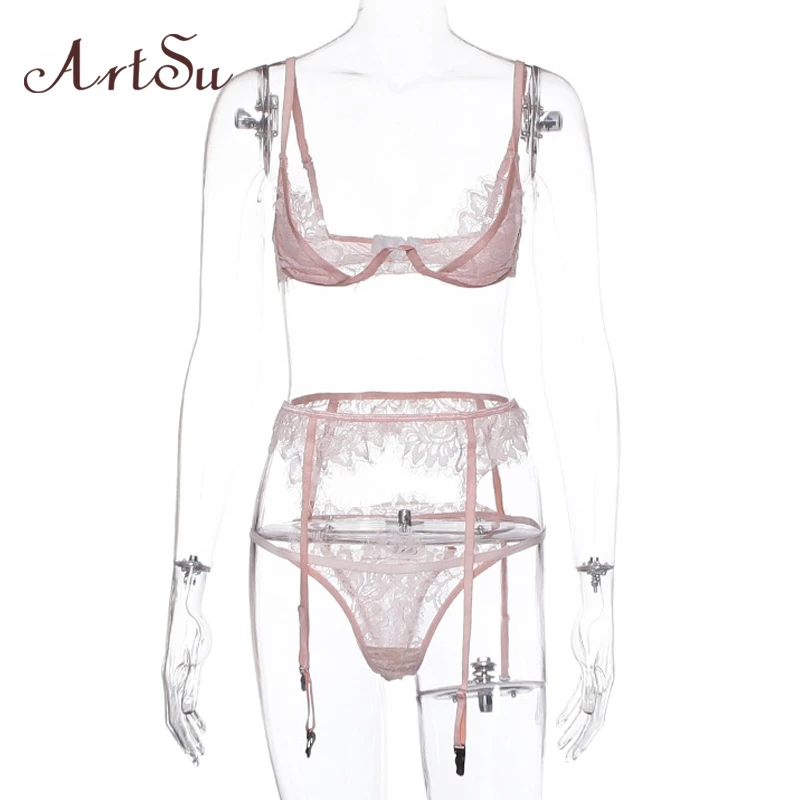 ArtSu Straps Pink Lace Bra And Panty Set Sexy Skinny Intimates Lingerie Set Women Bralette Lace Brief Set Bathing ASSU60137