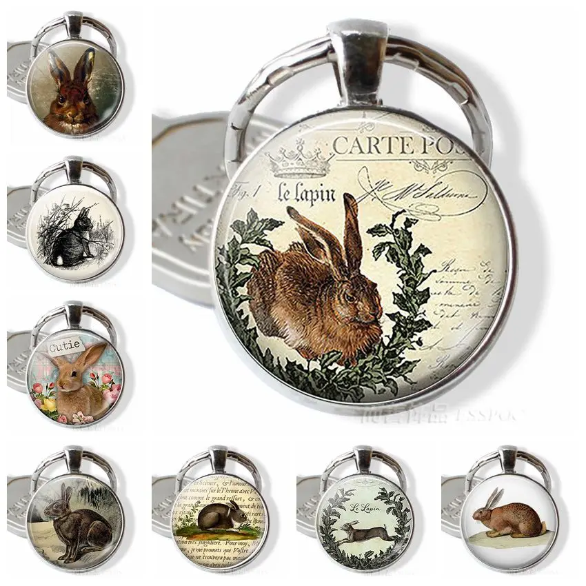 French Easter Bunny Keychain Rabbit Keyring Jewelry Charm Cabochon Key Chain Ring Glass | Украшения и аксессуары