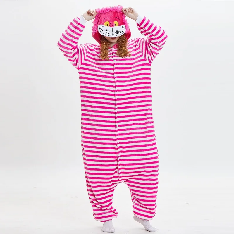 Cute Animal Cheshire Cat Long Sleeve Hooded Onesie Women Kigurumi Stregatto Animal Pajamas Flannel Warm Onesies For Adults