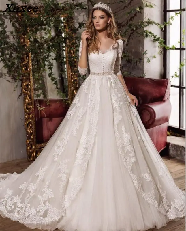 

robe de mariee 2018 Vintage Lace Dress For Wedding Elegant V-neck Buttons Tulle A-line Princess Bridal Gowns Train vestidos
