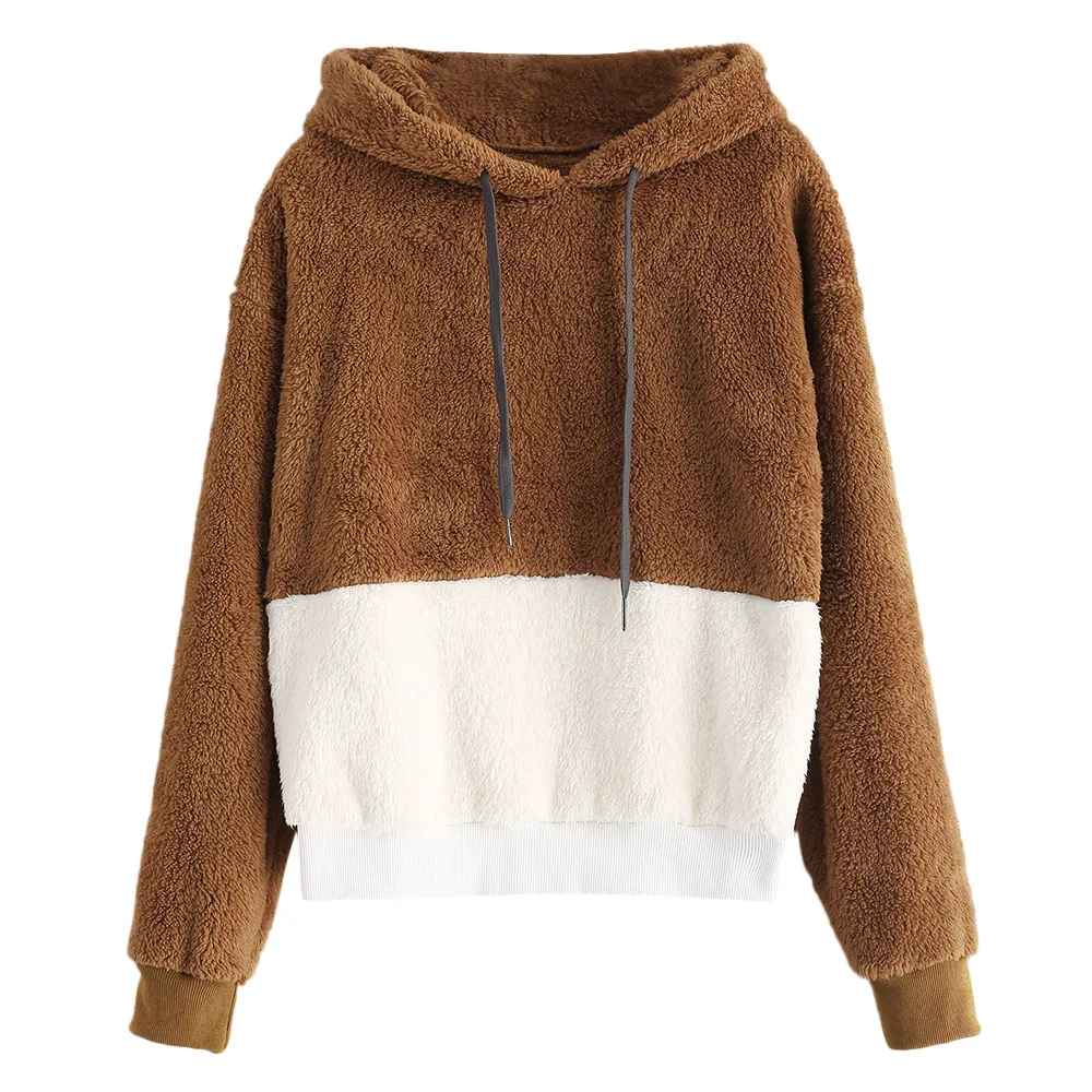 

ZAFUL Women Drawstring Sherpa Hoodie Contrasting Faux Shearling Teddy Hoodie Patchwork Hooded Sweatshirt