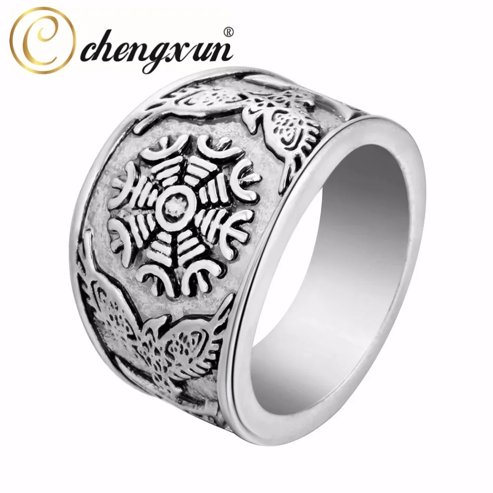 

CHENGXUN Odin Viking Oden's Ravens & Helm of Awe Ring Mens Wedding Band Jewelry Biker Round Big Size Fashion Punk Style Gift