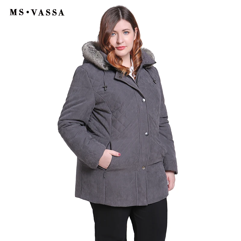 MS VASSA Women Parkas plus size 2018 New Winter Autumn Jackets Turn-down collar removed hood with fur Ladies big size outerwear