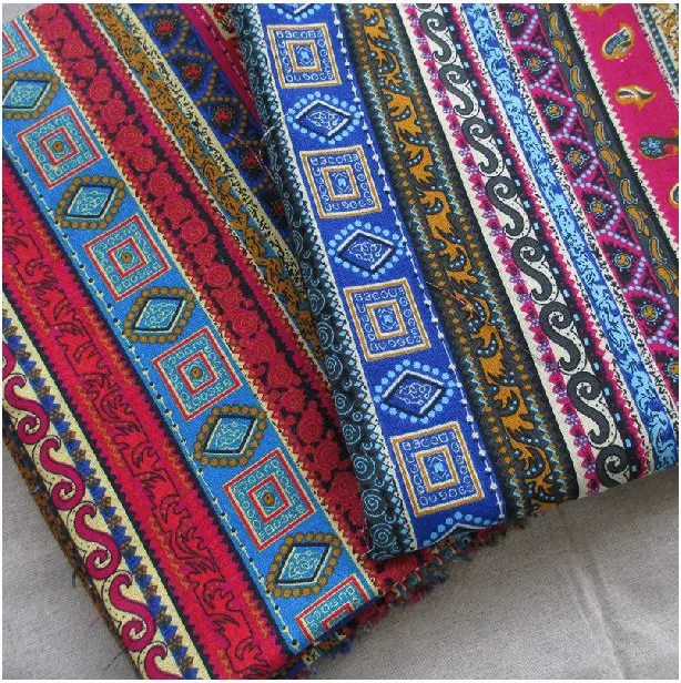 

Bohemia Indian style Three color stripe Cotton and linen Printed fabric Handmade Quilted DIY tablecloth cloth bag 50*140cm/lot