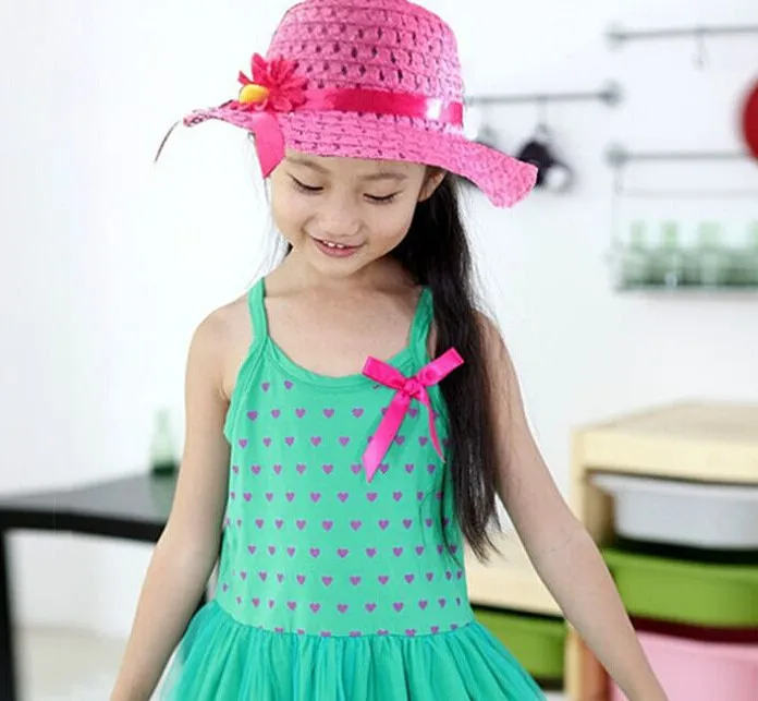 10 шт./партия, ярких цветов, детская соломенная шляпа с цветочным рисунком для девочек, Милые Пляжные шляпы для девочек