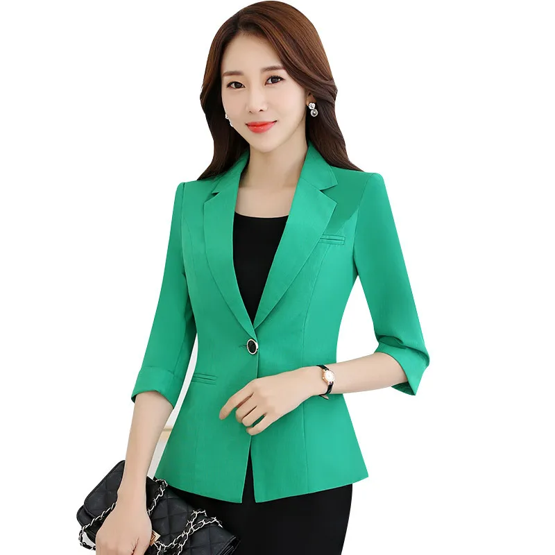 SEYAM Mujer Verão 3/4 Manga Comprida Pockets Único Botão Blazer Verde Mulheres Escritório Ladies Blazer e Jaqueta ow0331