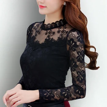 

Femininas Blusas 2019 Women Blouses Spring Autumn Fashion Sexy Slim Shirt Tops Lace Long Sleeve O-Neck Leisure Black/White S-5Xl