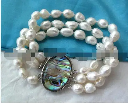 

Free Shipping >> new hot 3 Strands White Baroque Freshwater Pearl Bracelet Abalone Clasp 8