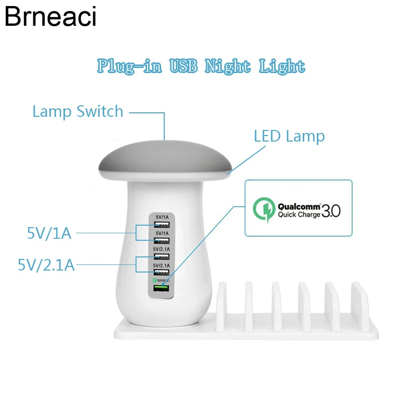 Brneaci с несколькими usb-портами зарядное устройство гриб ночник usb зарядная станция Док-станция QC 3,0 быстрое зарядное устройство для мобильного телефона и планшета