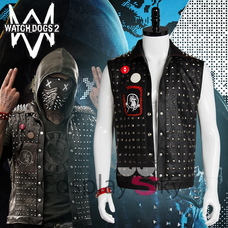 Костюм из искусственной кожи Dedsec Watch Dogs 2 Wrench черный жилет с заклепками и маской