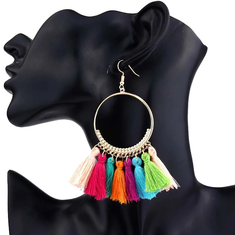 

LKCFLBMAFM Bohemia Big Circle Cotton Rope Long Tassels Drop Earrings Summer Geometric Alloy Earrings For Women Fashion Jewelry