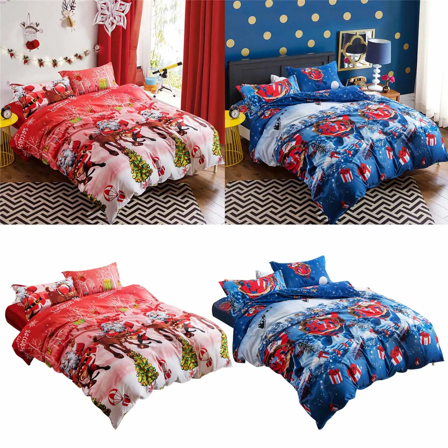 

Behogar 4pcs Christmas Style Bedding Set Queen Size Bed Sheet Linen Quilt Cover Pillowcase Kit for Home Bedroom Hotel Dormitory