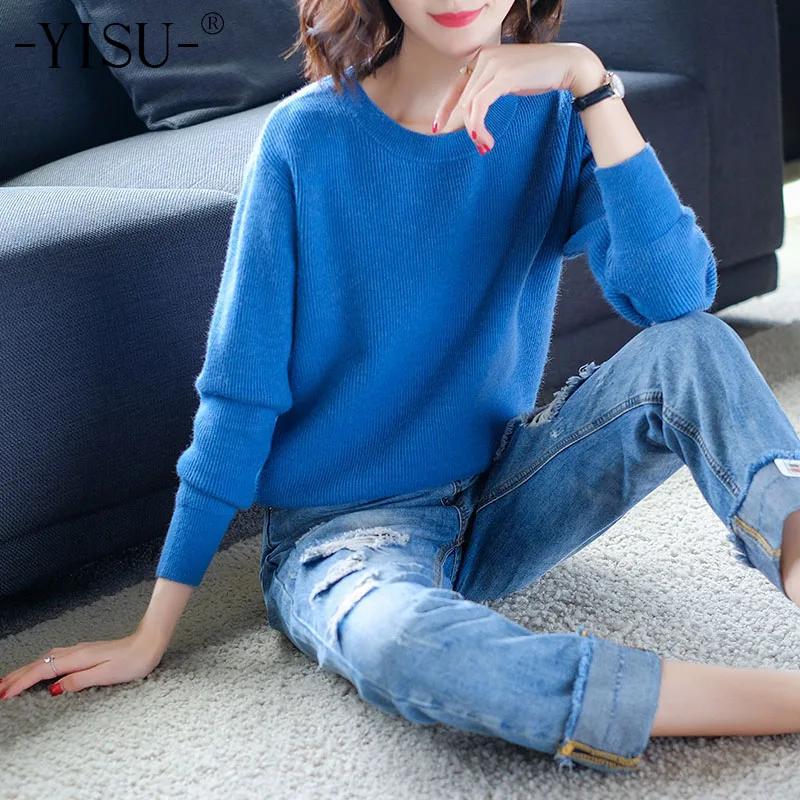 

YISU 2018 New Autumn winter Women Knitted Sweaters Pullovers O neck Long Sleeve Solid Color Loose Elastic Short Sweater Women