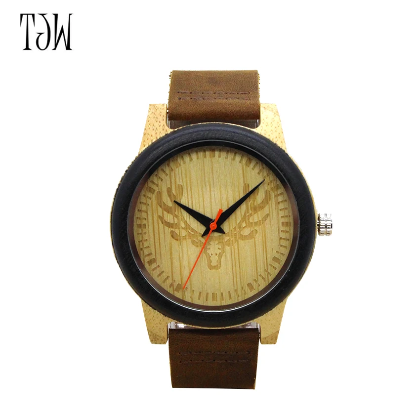 

TJW 2017 New Men's Bamboo Wooden Wristwatches Natural Quartz Watch Clock Genuine Brown Leather Strap Top Brand Luxury Watches