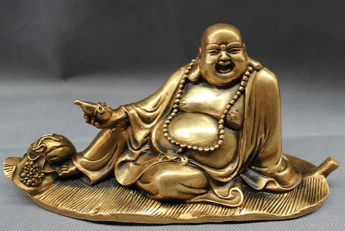 

song voge gem S4708 10" Chinese Buddhism Brass Happy Maitreya Buddha Gourd Money Bag Leaf Statue