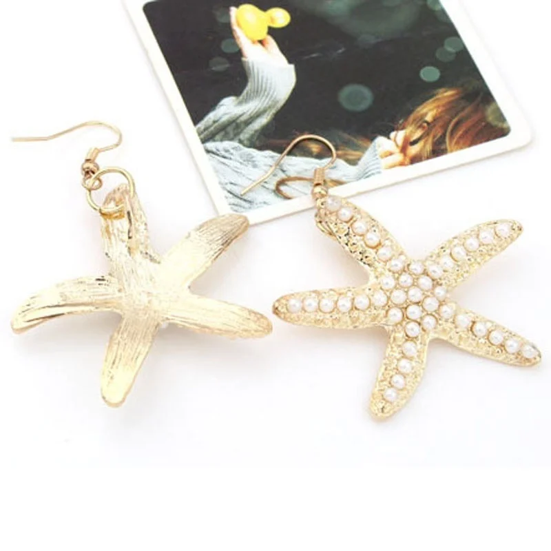 

1 pair Hot sale Aesthetic Sea Star Starfish Shining Pearl Dangle Earring Fashion Ear Jewelry (Size: 4.5cm by 4.0cm)