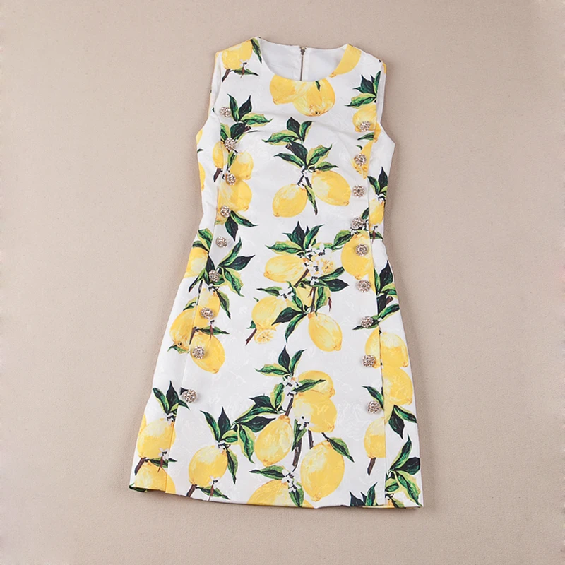 

2016 New High-end Europe Popular Designer Luxurious Diamond Buttons Dress Ladies Vintage Printed Gorgeous Stylish Vest Dress