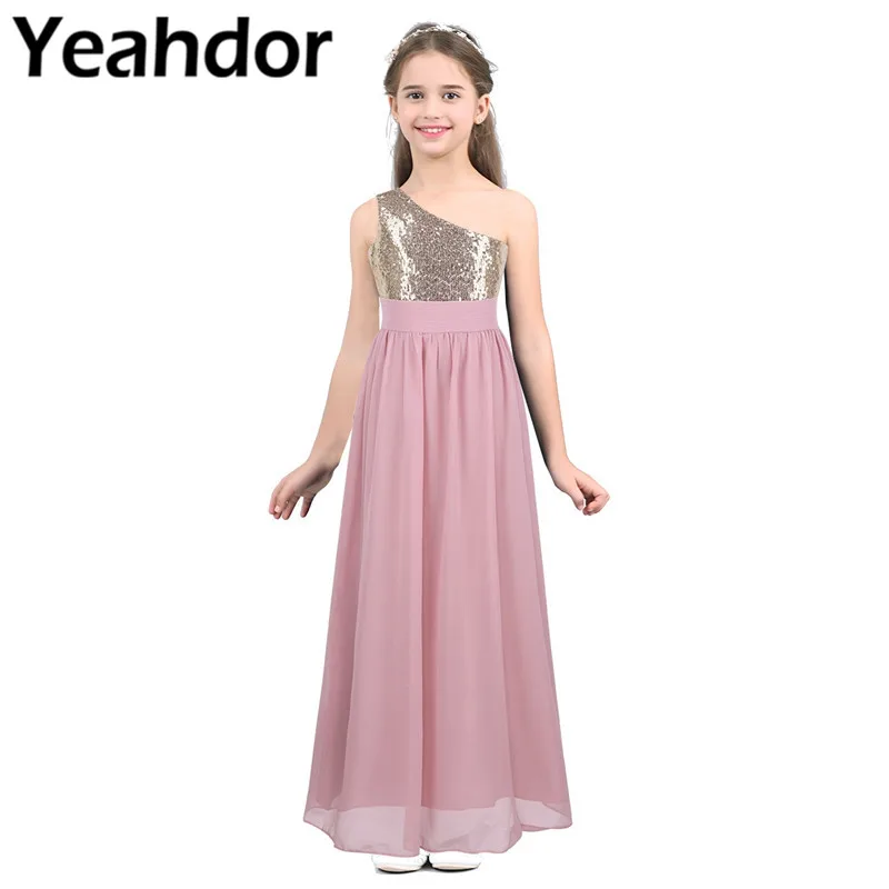 

Kids Girls Chiffon One Shoulder Sequins Flower Girl Dress Princess Vestidos For Pageant Wedding Birthday Party Special Occasions