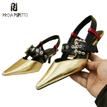

Prova Perfetto metal decor High Heels Gladiator Sandals Pointed Toe Buckle Strap runway design Women Pumps summer wedding shoes