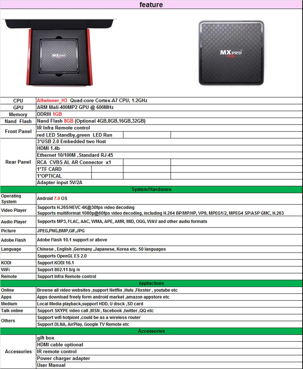 Android 7,0 tv box, Wi-Fi, Allwinner_H3 Смарт ТВ приставка android 1 ГБ ОЗУ 8 Гб 4 ядра компьютерной приставки к телевизору ТВ коробка 4K Media Player Декодер каналов кабельного телевидения компьютерной приставки к телевизору