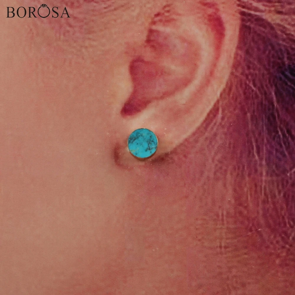 BOROSA 5 пар 8 мм круглые золотые цвета натуральная бирюза серьги гвоздики синие Howlites каменные драгоценные камни серьги для леди как подарки G1823