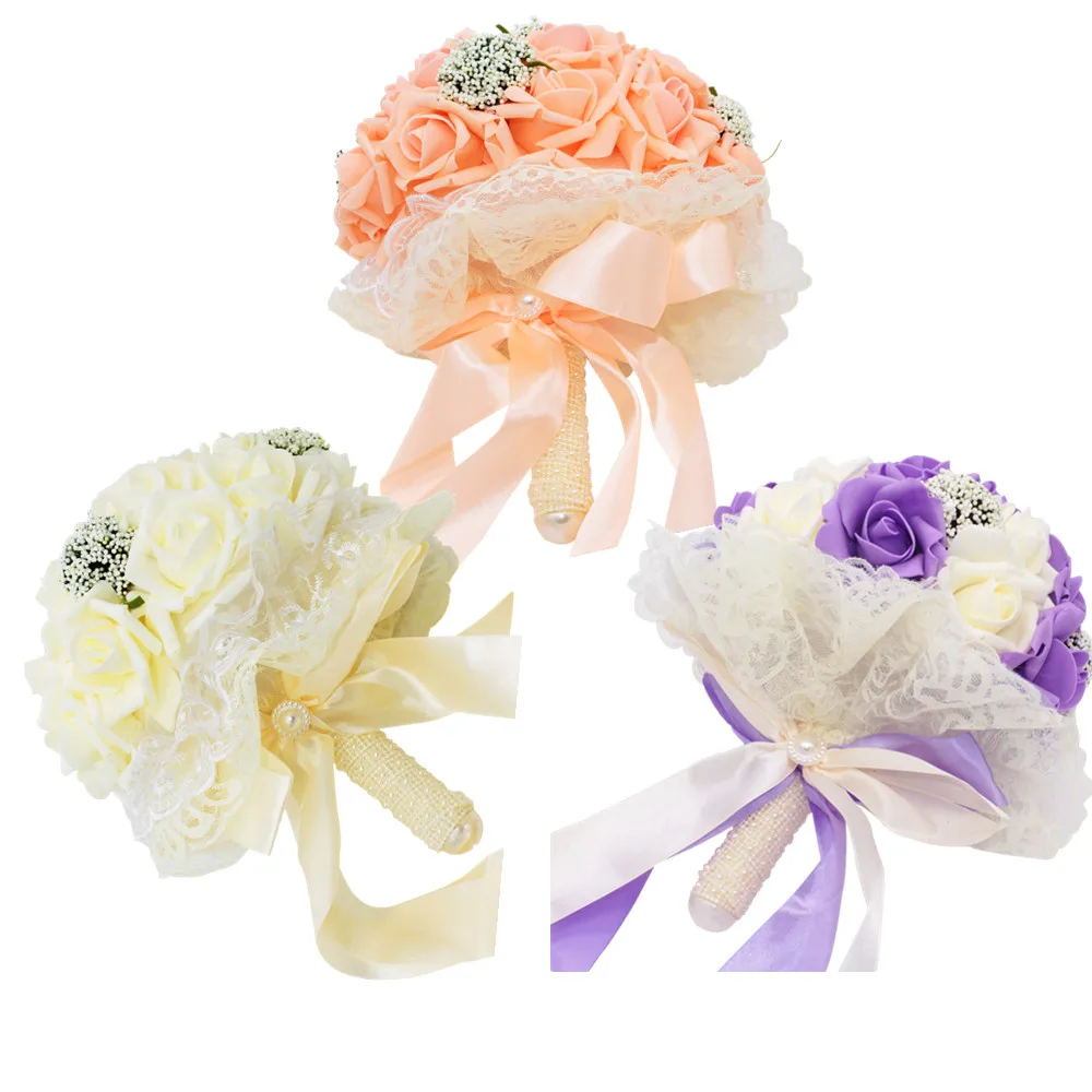 

Wedding bride banquet Foam Rose Lace Bridal Bouquet with Silk Ribbon Rhinestone wedding Engagement holding flower