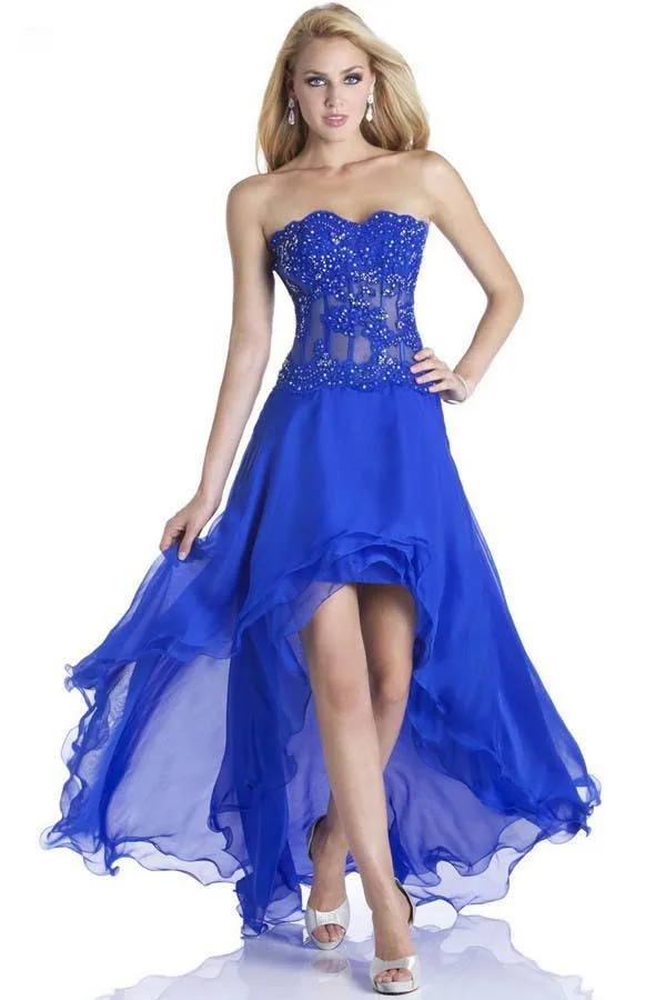Short Front Long Back Dress Appliques Beaded Chiffon Royal Blue Evening