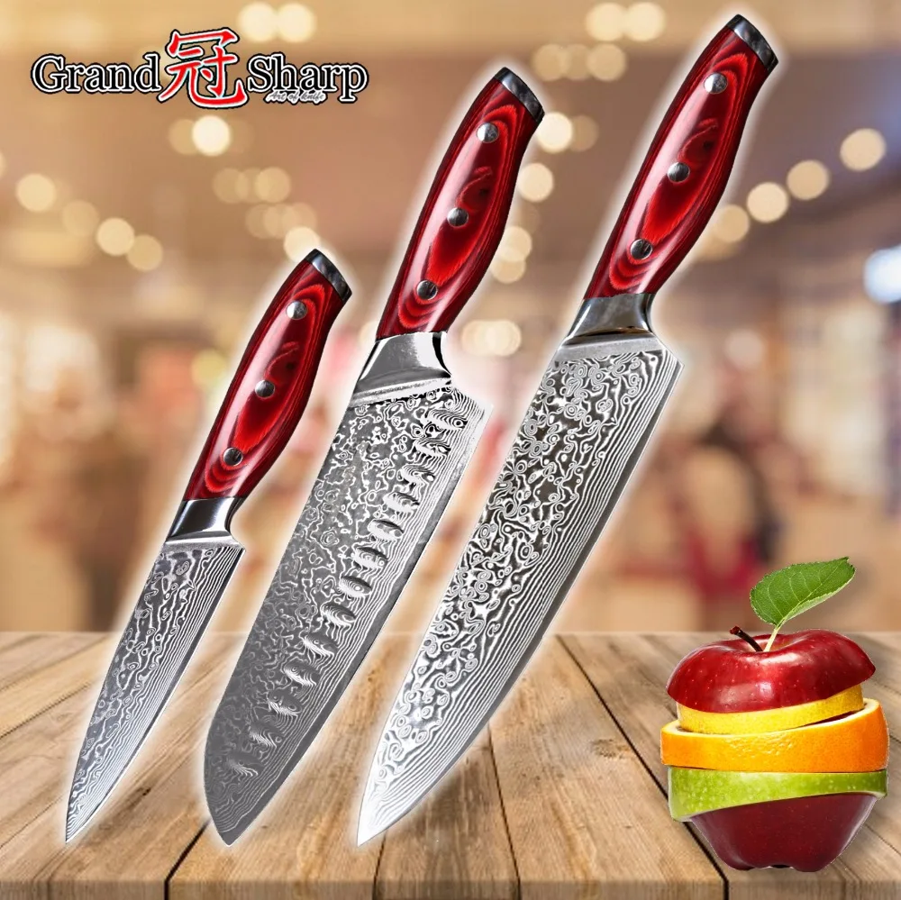 

GRANDSHARP 3 pcs Damascus Knife Sets 67 Layers Japanese Damascus Steel vg10 Chef Japanese Santoku Utility Kitchen Knives Set NEW