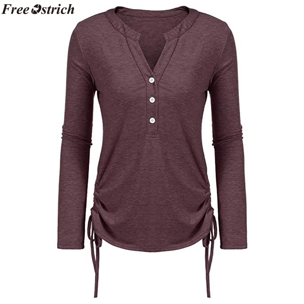 

FREE OSTRICH women's solid color button long-sleeved T-shirt V-neck low-cut tops casual slim sling shirt plus size sweater