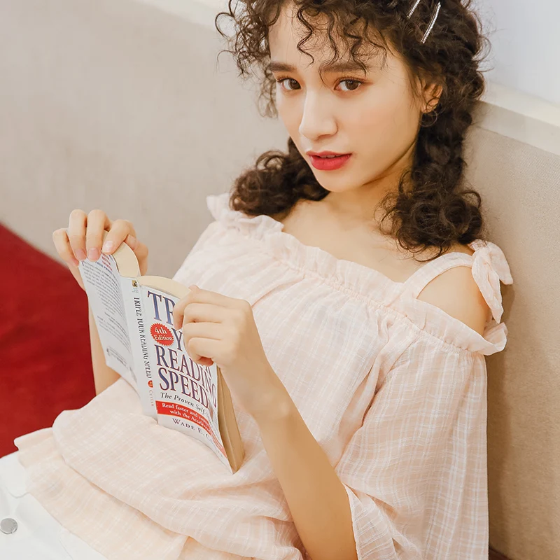 

Women's Sweet Bow Shirt Plaid Chiffon Blouse Slash neck horn short-sleeved sleeve sexy Tops Casual Women Clothing