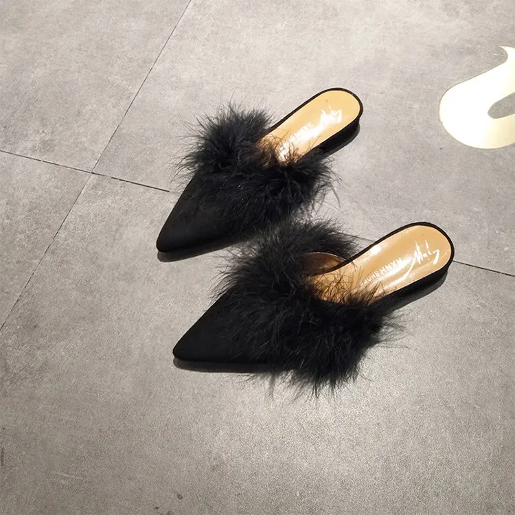 SLHJC Women Fur Slippers Flat Heel Pointy Toe Autumn New Arrival Casual Mules Outside Casual Cozy Flats Slides