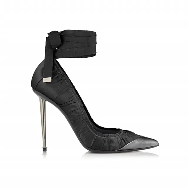 Fashion design patchwork satin and stretch cloth pumps