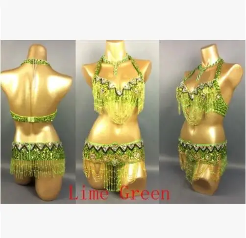 LIGHT GREEN Женский ведущий танец латинский танец живота представление одежда блестящие бусины бюстгальтер с кристаллами пояс наборы группы матч шоу костюмы - Цвет: LIGHT GREEN