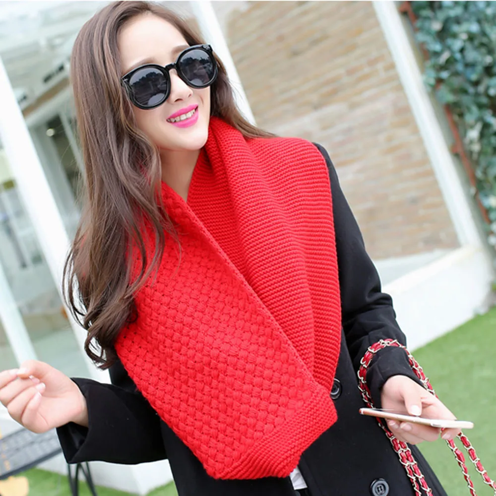 Зимнее ожерелье для женщин петля пересечение вязаные шарфы трендовые теплые накидки мягкие простые - Цвет: Красный