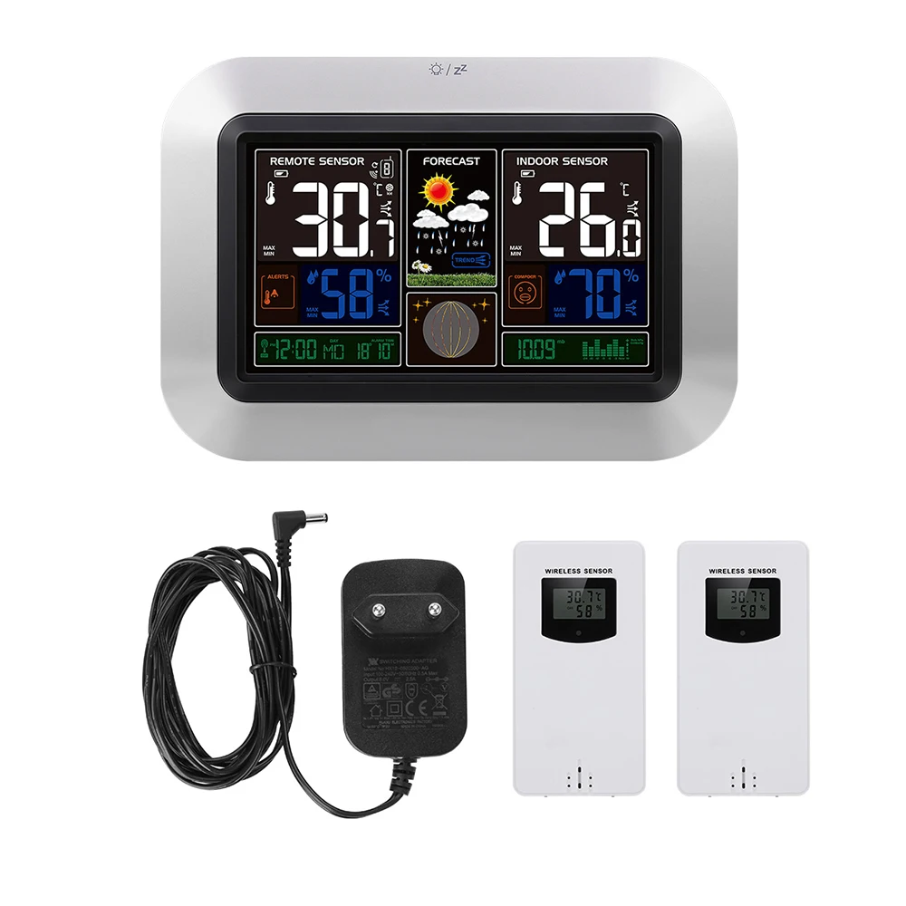 

EU Plug 2 Outdoor Sensor Wireless Weather Station Digital Thermometer Hygrometer Alarm Clock DCF RCC Large Size LCD Display