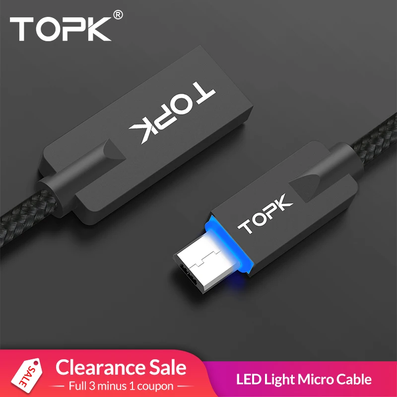 

TOPK LED Light Micro USB Cable Zinc alloy Nylon Braided USB 2.0 Fast Data Sync Charging Cable for Micro USB Port Phone