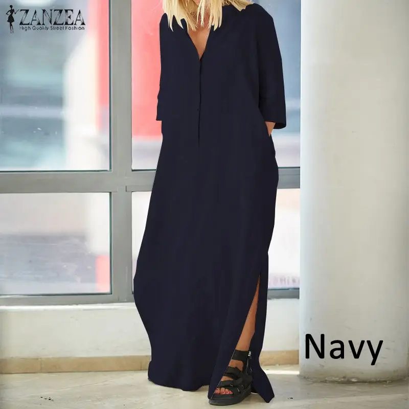 Винтажное льняное Макси платье ZANZEA женские летние платья женские с v-образным вырезом и коротким рукавом Длинные платья Кафтан раскол женское платье 5XL - Цвет: Тёмно-синий